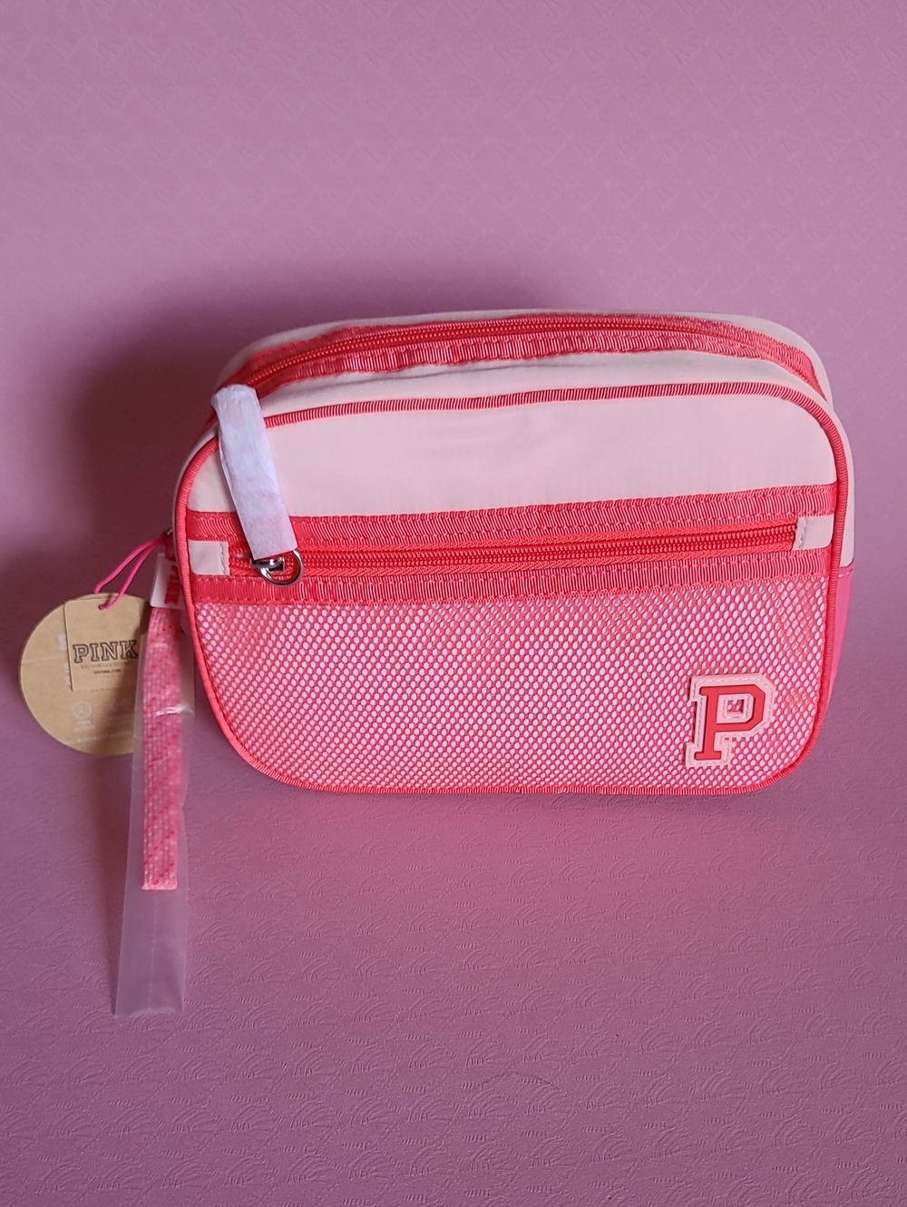 New VS PINK Nylon Mesh Coral Pink Travel Case